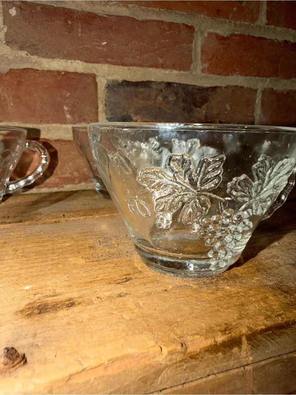 Vintage Set of 6 Clear Pressed Glass Tea Cups with Floral Motif Grapes Leaves